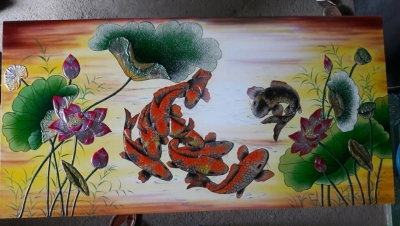 Tranh Sơn Mài Sen cá đẹp